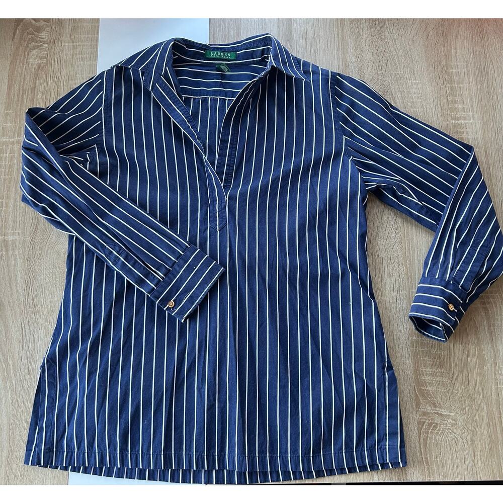 Lauren Ralph Lauren Women's Striped Collar VNeck Blouse Size M 100% Cotton Blue
